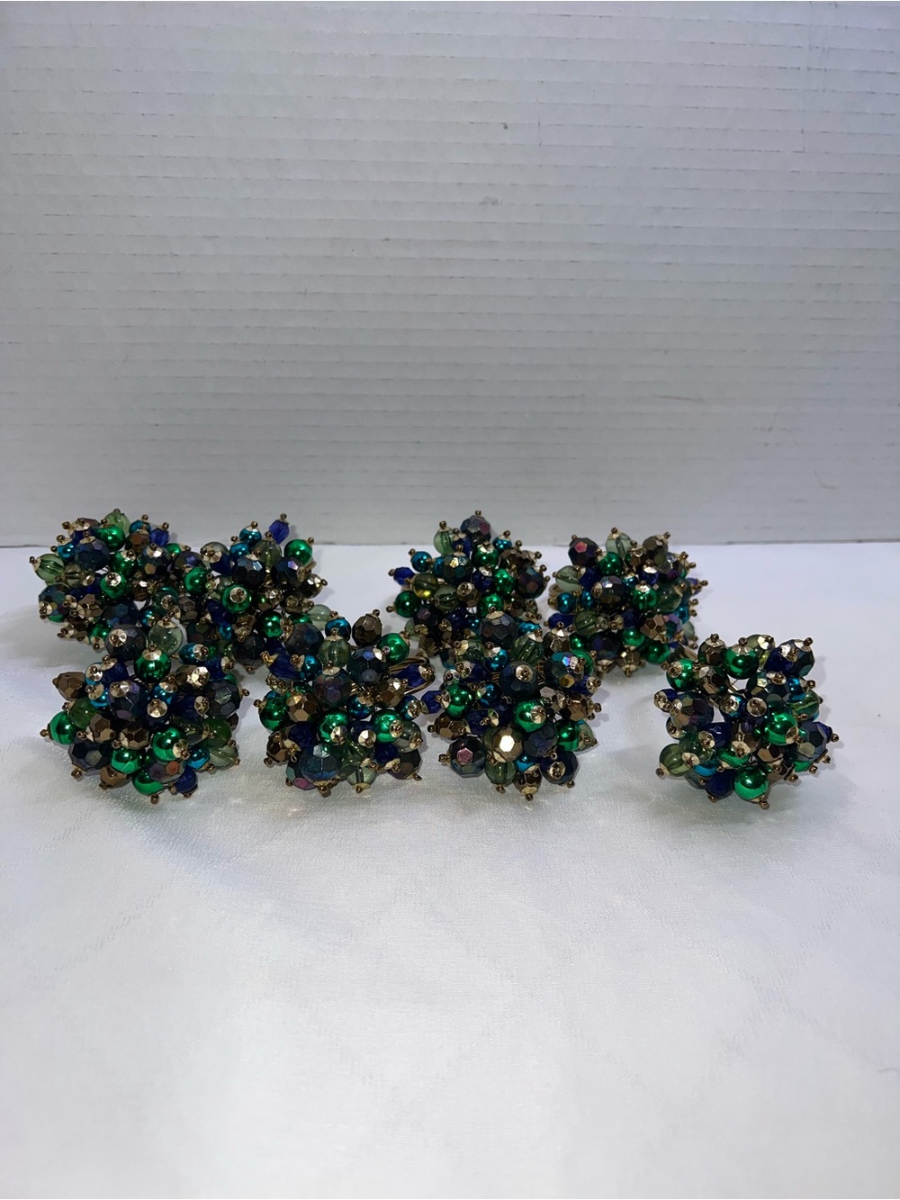 Pier 1 Beaded PEACOCK Napkin Rings Green Purple Gold Set of 8